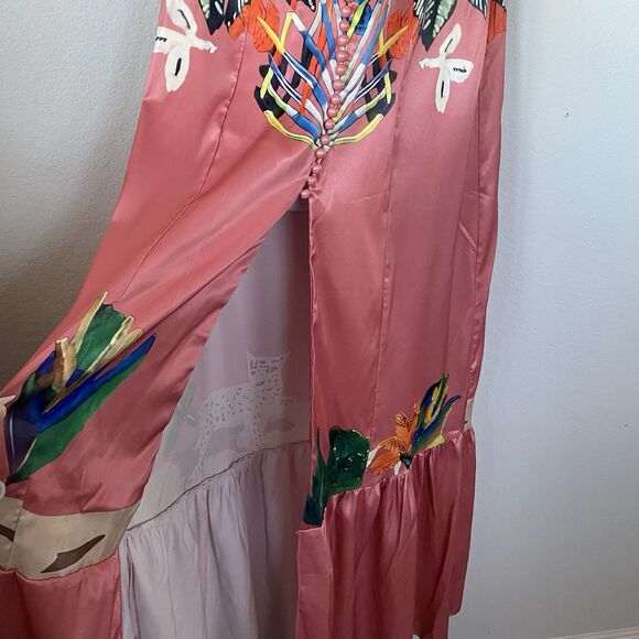 Pink Satin Button Up Maxi Ruffle Sleeve Tiered Dress M Tropical Animal Print Art - Picture 5 of 16